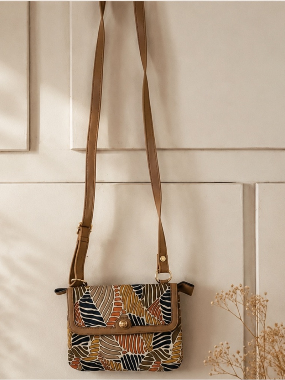 Tan Patterned Crossbody Bag - Unbranded